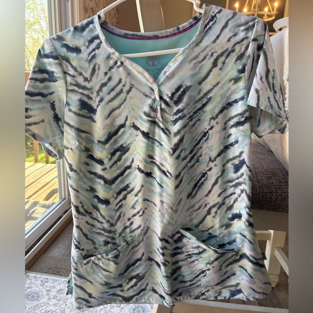 Healing Hands Blue and Green Scrub Top